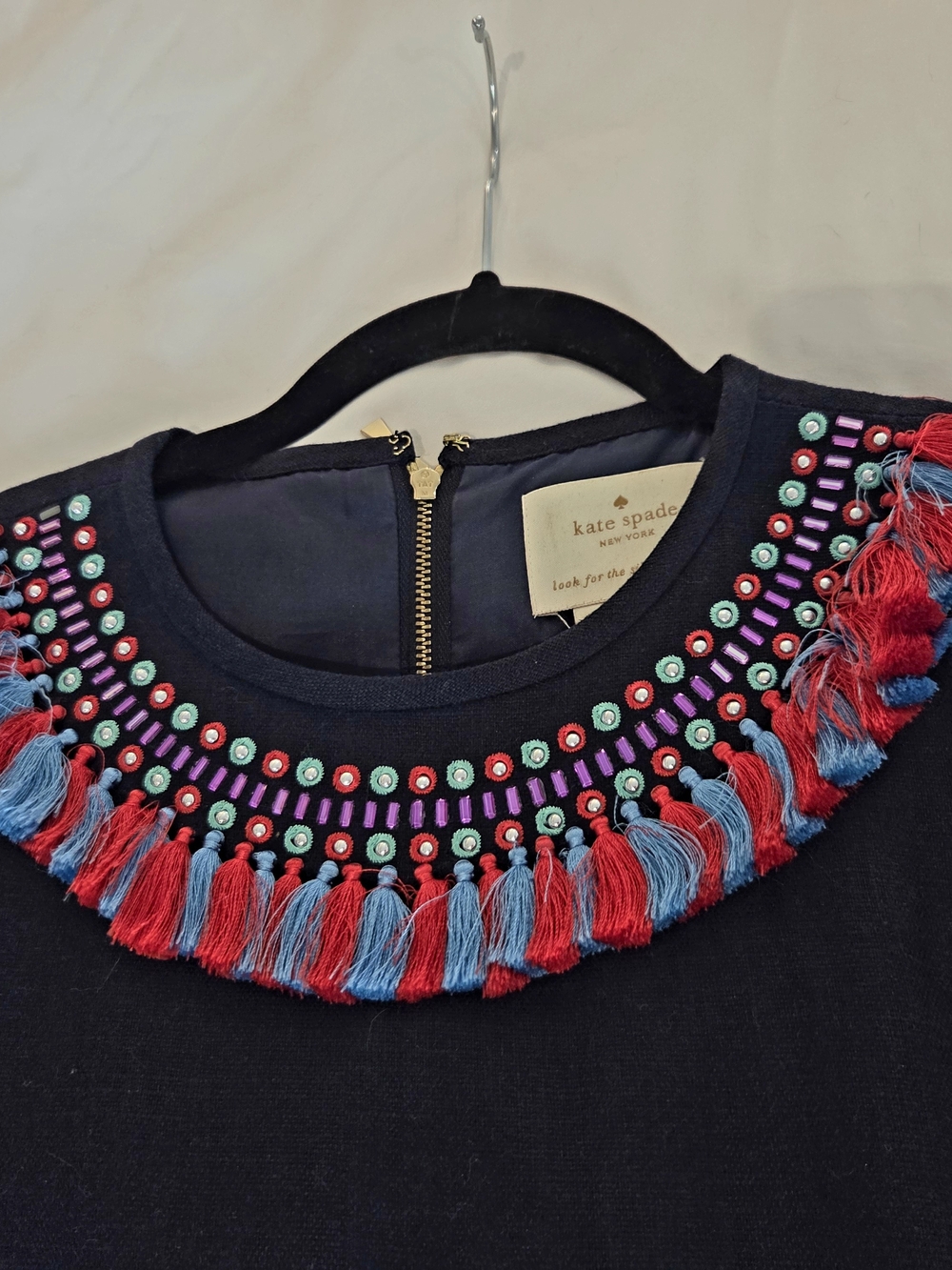 Kate Spade, Navy Embellished Tassel Sweater with Multicolor Beading - Picture 3 of 6